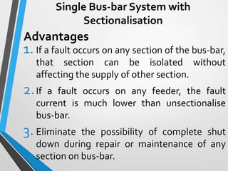 Single Bus-bar System with
Sectionalisation
1. If a fault occurs on any section of the bus-bar,
that section can be isolated without
affecting the supply of other section.
2.If a fault occurs on any feeder, the fault
current is much lower than unsectionalise
bus-bar.
3. Eliminate the possibility of complete shut
down during repair or maintenance of any
section on bus-bar.
Advantages
 