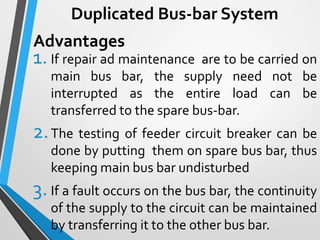 1. If repair ad maintenance are to be carried on
main bus bar, the supply need not be
interrupted as the entire load can be
transferred to the spare bus-bar.
2.The testing of feeder circuit breaker can be
done by putting them on spare bus bar, thus
keeping main bus bar undisturbed
3. If a fault occurs on the bus bar, the continuity
of the supply to the circuit can be maintained
by transferring it to the other bus bar.
Advantages
Duplicated Bus-bar System
 