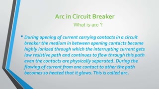 Arc in Circuit Breaker
What is arc ?
• During opening of current carrying contacts in a circuit
breaker the medium in between opening contacts become
highly ionized through which the interrupting current gets
low resistive path and continues to flow through this path
even the contacts are physically separated. During the
flowing of current from one contact to other the path
becomes so heated that it glows.This is called arc.
 