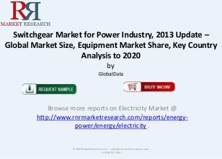 Switchgear Market for Power Industry, 2013 Update –
Global Market Size, Equipment Market Share, Key Country
Analysis to 2020
by
GlobalData
Browse more reports on Electricity Market @
http://www.rnrmarketresearch.com/reports/energy-
power/energy/electricity .
© RnRMarketResearch.com ; sales@rnrmarketresearch.com ;
+1 888 391 5441
 