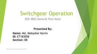 Switchgear Operation
EEE-4822 General Viva Voice
Name: Md. Mobasher Karim
ID: ET183058
Section: 8B
Presented By:
Department of Electrical & Electronic Engineering 1
 