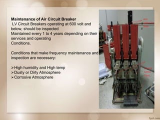 Maintenance of Air Circuit Breaker
LV Circuit Breakers operating at 600 volt and
below, should be inspected
Maintained every 1 to 4 years depending on their
services and operating
Conditions.
Conditions that make frequency maintenance and
inspection are necessary:
High humidity and High temp
Dusty or Dirty Atmosphere
Corrosive Atmosphere
 