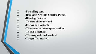  -Stretching Arc.
 -Breaking Arc into Smaller Pieces.
 -Blowing Out Arc.
 -The arc chute method.
 -Enclosing Contacts.
 -The vacuum interrupter method.
 -The SF6 method.
 -The magnetic coil method.
 -The puffer method.
 