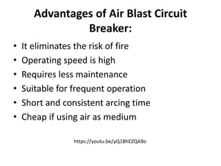 Advantages of Air Blast Circuit
Breaker:
• It eliminates the risk of fire
• Operating speed is high
• Requires less maintenance
• Suitable for frequent operation
• Short and consistent arcing time
• Cheap if using air as medium
https://youtu.be/yQ1BhEZQA9o
 