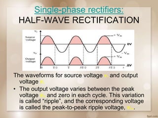 Single-phase rectifiers:
HALF-WAVE RECTIFICATION
The waveforms for source voltage vS and output
voltage vo
• The output voltage varies between the peak
voltage vm and zero in each cycle. This variation
is called “ripple”, and the corresponding voltage
is called the peak-to-peak ripple voltage, vp-p.
 