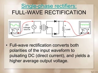 Single-phase rectifiers:
FULL-WAVE RECTIFICATION
• Full-wave rectification converts both
polarities of the input waveform to
pulsating DC (direct current), and yields a
higher average output voltage.
 