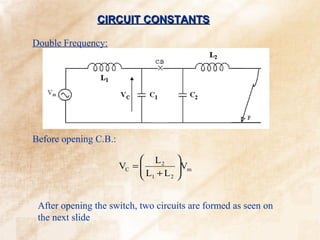 CIRCUIT CONSTANTS

Double Frequency:




Before opening C.B.:

                             L2 
                       VC = 
                             L + L Vm
                                     
                             1    2 




 After opening the switch, two circuits are formed as seen on
 the next slide
 