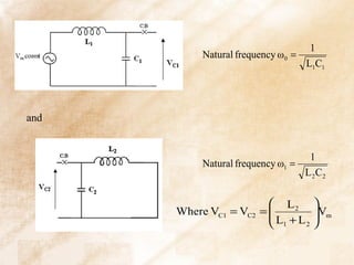 1
          Natural frequency ω0 =
                                   L1C1




and


                                    1
          Natural frequency ω1 =
                                   L 2C2


                          L2 
      Where VC1 = VC2   =
                          L + L Vm
                                  
                          1    2 
 