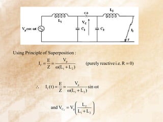 Using Principle of Superposition :
                 E    Vp
             If = =                   (purely reactive i.e. R = 0)
                 Z ω(L1 + L 2 )


                         E    Vp
            ∴    If (t) = =             sin ωt
                         Z ω(L1 + L 2 )

                                   L2 
                    and VC 2 = Vp 
                                  L +L 
                                   1  2 
 