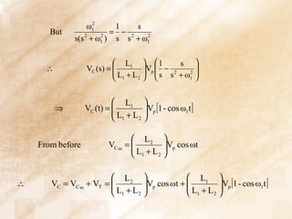 2
                  ω1     1    s
       But              = − 2
              s(s + ω1 ) s s + ω1
                 2   2          2




                            L1   1         s 
      ∴           VC (s) = 
                            L + L   s s + ω2 
                                    Vp  − 2     
                            1    2           1 




                            L1 
          ⇒                 L + L Vp [1 - cos ω1t ]
                  VC (t) =         
                            1    2 



                                  L2 
    From before          VC ss = 
                                  L + L Vp cos ωt
                                          
                                  1    2 



                          L2                L1 
∴      VC = VC ss + VT = 
                         L +L               L + L Vp [1 - cos ω1t ]
                                Vp cos ωt +         
                          1  2              1    2 
 