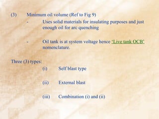 (3)     Minimum oil volume (Ref to Fig 9)
        -     Uses solid materials for insulating purposes and just
              enough oil for arc quenching

        -          Oil tank is at system voltage hence ‘Live tank OCB’
                   nomenclature.

Three (3) types:
                   (i)     Self blast type

                   (ii)    External blast

                   (iii)   Combination (i) and (ii)
 