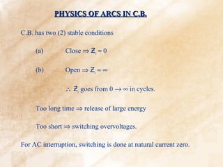 PHYSICS OF ARCS IN C.B.

C.B. has two (2) stable conditions

     (a)        Close ⇒ Ƶc ≈ 0

     (b)        Open ⇒ Ƶc ≈ ∞

                ∴ Ƶc goes from 0 → ∞ in cycles.

     Too long time ⇒ release of large energy

     Too short ⇒ switching overvoltages.

For AC interruption, switching is done at natural current zero.
 