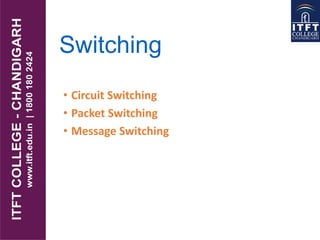 Switching
• Circuit Switching
• Packet Switching
• Message Switching