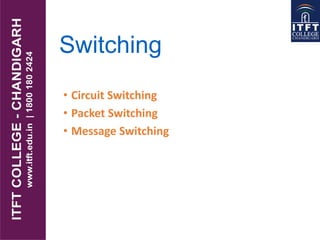 Switching
• Circuit Switching
• Packet Switching
• Message Switching
 