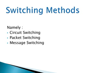 Namely :
Circuit Switching
Packet Switching
Message Switching