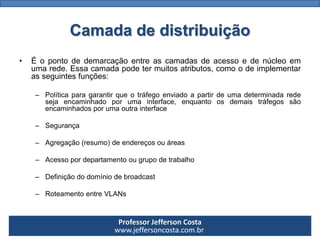 Professor Jefferson Costa 
www.jeffersoncosta.com.brCamada de distribuição 
•Éopontodedemarcaçãoentreascamadasdeacessoedenúcleoemumarede.Essacamadapodetermuitosatributos,comoodeimplementarasseguintesfunções: 
–Políticaparagarantirqueotráfegoenviadoapartirdeumadeterminadaredesejaencaminhadoporumainterface,enquantoosdemaistráfegossãoencaminhadosporumaoutrainterface 
–Segurança 
–Agregação(resumo)deendereçosouáreas 
–Acessopordepartamentoougrupodetrabalho 
–Definiçãododomíniodebroadcast 
–RoteamentoentreVLANs  