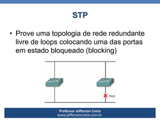 Professor Jefferson Costa 
www.jeffersoncosta.com.brSTP 
•Prove uma topologia de rede redundante livre de loops colocando uma das portas em estado bloqueado (blocking)  