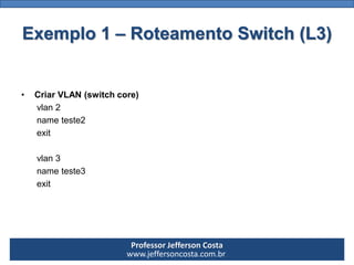 Professor Jefferson Costa 
www.jeffersoncosta.com.br 
•Adicionando portas as VLANs 
intf0/1 
switchportaccessvlan100 
intf0/2 
switchportaccessvlan200 
intf0/3 
switchportaccessvlan300Exemplo 1 –Roteamento Switch (L3)  