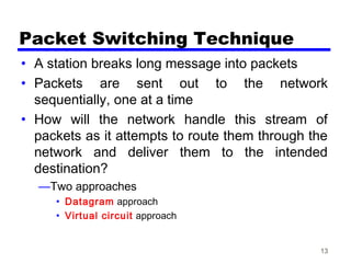 13
Packet Switching Technique
• A station breaks long message into packets
• Packets are sent out to the network
sequentially, one at a time
• How will the network handle this stream of
packets as it attempts to route them through the
network and deliver them to the intended
destination?
—Two approaches
• Datagram approach
• Virtual circuit approach
 
