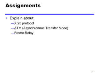 21
Assignments
• Explain about:
—X.25 protocol
—ATM (Asynchronous Transfer Mode)
—Frame Relay
 