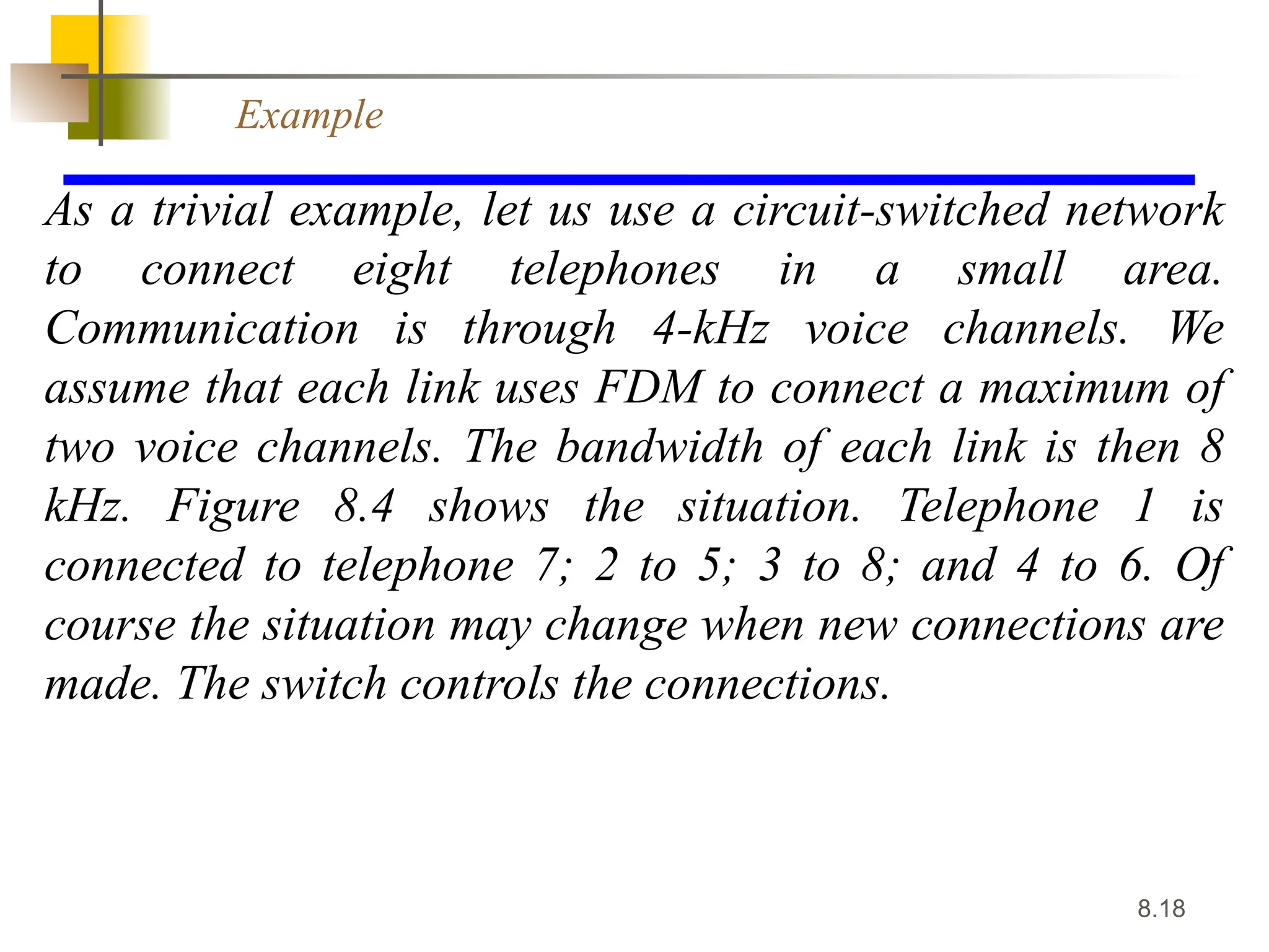 8.18
As a trivial example, let us use a circuit-switched network
to connect eight telephones in a small area.
Communication is through 4-kHz voice channels. We
assume that each link uses FDM to connect a maximum of
two voice channels. The bandwidth of each link is then 8
kHz. Figure 8.4 shows the situation. Telephone 1 is
connected to telephone 7; 2 to 5; 3 to 8; and 4 to 6. Of
course the situation may change when new connections are
made. The switch controls the connections.
Example
 