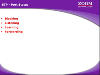 STP - Port States

• Blocking
• Listening
• Learning
• Forwarding

63

 
