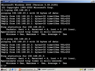 Microsoft Windows 2000 [Version 5.00.2195]
(C) Copyright 1985-2000 Microsoft Corp.
C:> ping 192.168.20.1
pinging 192.168.20.1 with 32 bytes of data:
Reply from 192.168.20.1: bytes=32 time<10ms
Reply from 192.168.20.1: bytes=32 time<10ms
Reply from 192.168.20.1: bytes=32 time<10ms
Reply from 192.168.20.1: bytes=32 time<10ms

TTL=255
TTL=255
TTL=255
TTL=255

Ping statistics for 192.168.20.1:
Packets: Sent = 4, Received = 4, Lost = 0 (0% loss),
Approximate round trip times in milli-seconds:
Minimum = 0ms, Maximum = 0ms, Average = 0ms
C:> ping 192.168.20.3
pinging 192.168.20.3 with 32 bytes of data:
Reply from 192.168.20.3: bytes=32 time<10ms
Reply from 192.168.20.3: bytes=32 time<10ms
Reply from 192.168.20.3: bytes=32 time<10ms
Reply from 192.168.20.3: bytes=32 time<10ms

TTL=255
TTL=255
TTL=255
TTL=255

Ping statistics for 192.168.20.3:
Packets: Sent = 4, Received = 4, Lost = 0 (0% loss),
Approximate round trip times in milli-seconds:
Minimum = 0ms, Maximum = 0ms, Average = 0ms
C:>

66

 