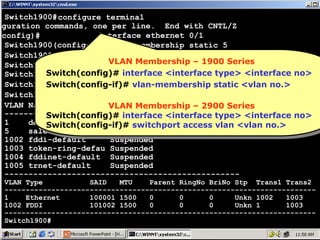 Switch1900#configure terminal
iguration commands, one per line. End with CNTL/Z
interface ethernet 0/1
(config)#
Switch1900(config-if)# vlan-membership static 5
Switch1900(config-if)# exit
VLAN Membership – 1900 Series
VLAN Membership –
Switch1900(config)# interface ethernet 0/3 1900Series
Switch(config)# interface <interface type> <interface no>
Switch1900(config-if)# vlan-membership statictype><interface no>
Switch(config)# interface <interface 5
Switch1900(config-if)# ^Z vlan-membership static <vlan no.>
Switch(config-if)# vlan-membership static <vlan no.>
Switch(config-if)#
Switch1900# show vlan
VLAN Name
StatusMembership – 2900 Series
Ports
VLAN Membership – 2900 Series
VLAN
------------------------------------------------- <interface no>
Switch(config)# interface <interface type> <interface no>
Switch(config)# interface <interface type>
1
default
Enabled
2,4-12, AUI, A, B
Switch(config-if)# switchport access vlan <vlan no.>
Switch(config-if)# switchport access vlan <vlan no.>
5
sales
Enabled
1,3
1002 fddi-default
Suspended
1003 token-ring-defau Suspended
1004 fddinet-default Suspended
1005 trnet-default
Suspended
-------------------------------------------------

VLAN Type
SAID
MTU
Parent RingNo BriNo Stp Trans1 Trans2
------------------------------------------------------------------------1
Ethernet
100001 1500
0
0
0
Unkn 1002
1003
1002 FDDI
101002 1500
0
0
0
Unkn 1
1003
------------------------------------------------------------------------Switch1900#

72

 