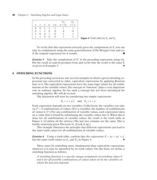 48   Chapter 2   Switching Algebra and Logic Gates


                                                 E1:       E2:
                    x     y   x'   y'   x'y'   x + x'y'   x + y'
                    0     0   1    1     1        1         1
                    0     1   1    0     0        0         0
                    1     0   0    1     0        1         1
                    1     1   0    0     0        1         1
                                                                     Figure 4 Truth table for E1 and E2


                       To verify that this expression correctly gives the complement of E, you can
                  take its complement using the same generalization of De Morgan’s law and see
                  if the original expression for E results.                                      I


                  Exercise 5 Take the complement of E' in the preceding expression, using (4).
                  Put the result in sum-of-products form and verify that the result is the same E
                  as given in Example 2.                                                        N


4    SWITCHING FUNCTIONS
                  In the preceding section we saw several examples in which a given switching ex-
                  pression was converted to other, equivalent expressions by applying Boolean
                  laws to it. The equivalent expressions have the same logic values for all combi-
                  nations of the variable values. The concept of “function” plays a very important
                  role in ordinary algebra. So far, such a concept has not been introduced for
                  switching algebra. We will do so now.
                      The discussion will start by considering two simple expressions:
                                                E1 = x + x'y'      and E2 = x + y'
                  Each expression depends on two variables. Collectively, the variables can take
                  on 22 = 4 combinations of values. (For n variables, the number of combinations
                  of values is 2n.) For any combination of variable values, each expression takes
                  on a value that is found by substituting the variable values into it. When this is
                  done for all combinations of variable values, the result is the truth table in
                  Figure 4. (Confirm all the entries.) The last two columns are the same. This is
                  hardly surprising given Theorem 5a. (Look it up.)
                      This example illustrates the principle that different expressions can lead to
                  the same truth values for all combinations of variable values.

                  Exercise 6 Using a truth table, confirm that the expression: E = xy + xy' + y'
                  has the same truth values as E1 and E2 in Figure 4.                         N


                      There must be something more fundamental than equivalent expressions;
                  whatever it is may be identified by its truth values. On this basis, we define a
                  switching function as follows:
                        A switching function is a specific unique assignment of switching values 0
                        and 1 for all possible combinations of values taken on by the variables on
                        which the function depends.
 