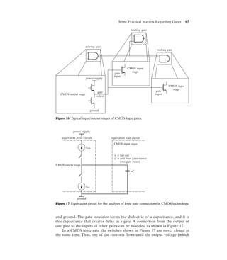 Some Practical Matters Regarding Gates          65

                                                        loading gate




                       driving gate
                                                                       loading gate




                                                    CMOS input
                                          gate        stage
                                         input
                       power supply

                                                                                CMOS input
                                                                                  stage
                                gate                                    gate
   CMOS output stage                                                   input
                               output



                           ground

Figure 16 Typical input/output stages of CMOS logic gates.


            power supply

    equivalent drive circuit            equivalent load circuit
                                          CMOS input stage
                         IOH

                                          n = fan-out
                                          C = unit load capacitance
                                              (one gate input)
CMOS output stage

                                                       nC




                         IOL



                ground
Figure 17 Equivalent circuit for the analysis of logic gate connections in CMOS technology.



and ground. The gate insulator forms the dielectric of a capacitance, and it is
this capacitance that creates delay in a gate. A connection from the output of
one gate to the inputs of other gates can be modeled as shown in Figure 17.
    In a CMOS logic gate the switches shown in Figure 17 are never closed at
the same time. Thus, one of the currents flows until the output voltage (which
 