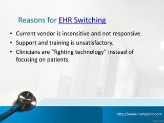 Reasons for EHR Switching
• Current vendor is insensitive and not responsive.
• Support and training is unsatisfactory.
• Clinicians are “fighting technology” instead of
focusing on patients.
http://www.nortecehr.com