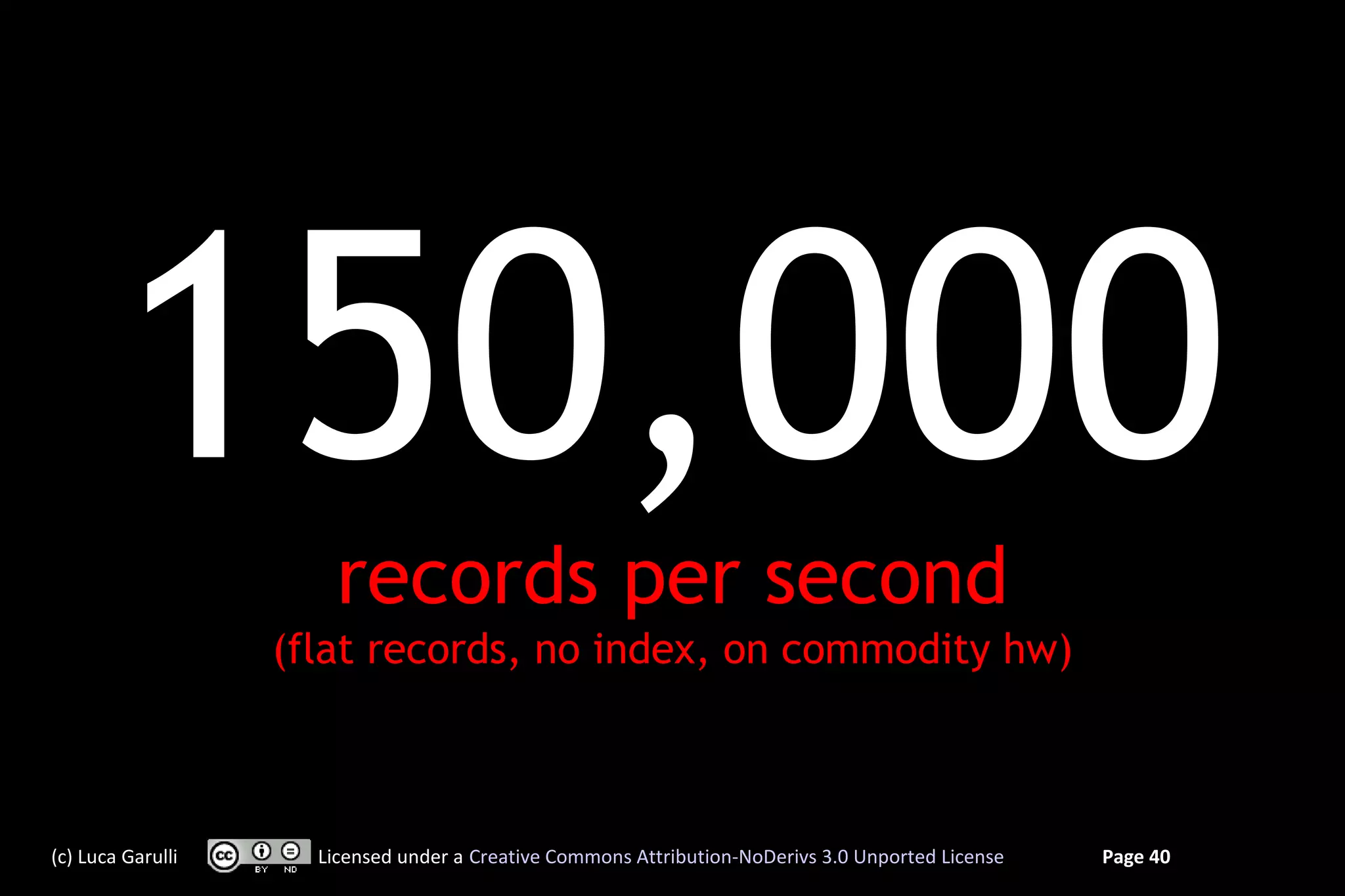 150,000        records per second
                   (flat records, no index, on commodity hw)



(c) Luca Garulli     Licensed under a Creative Commons Attribution-NoDerivs 3.0 Unported License   Page 40
 