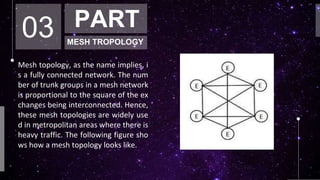 03 PART
MESH TROPOLOGY
Mesh topology, as the name implies, i
s a fully connected network. The num
ber of trunk groups in a mesh network
is proportional to the square of the ex
changes being interconnected. Hence,
these mesh topologies are widely use
d in metropolitan areas where there is
heavy traffic. The following figure sho
ws how a mesh topology looks like.
 