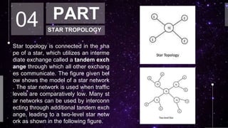 04 PART
STAR TROPOLOGY
Star topology is connected in the sha
pe of a star, which utilizes an interme
diate exchange called a tandem exch
ange through which all other exchang
es communicate. The figure given bel
ow shows the model of a star network
. The star network is used when traffic
levels are comparatively low. Many st
ar networks can be used by interconn
ecting through additional tandem exch
ange, leading to a two-level star netw
ork as shown in the following figure.
 