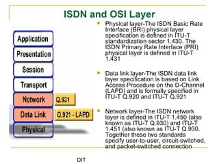 DIT
ISDN and OSI Layer
 Physical layer-The ISDN Basic Rate
Interface (BRI) physical layer
specification is defined in ITU-T
standardization sector 1.430. The
ISDN Primary Rate Interface (PRI)
physical layer is defined in ITU-T
1.431
 Data link layer-The ISDN data link
layer specification is based on Link
Access Procedure on the D-Channel
(LAPD) and is formally specified in
ITU-T Q.920 and ITU-T Q.921
 Network layer-The ISDN network
layer is defined in ITU-T 1.450 (also
known as ITU-T Q.930) and ITU-T
1.451 (also known as ITU-T Q.930.
Together these two standards
specify user-to-user, circuit-switched,
and packet-switched connection
 