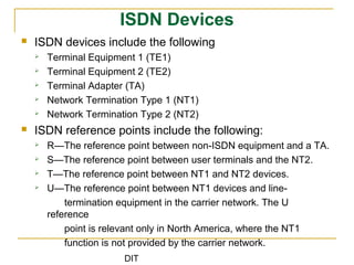 DIT
ISDN Devices
 ISDN devices include the following
 Terminal Equipment 1 (TE1)
 Terminal Equipment 2 (TE2)
 Terminal Adapter (TA)
 Network Termination Type 1 (NT1)
 Network Termination Type 2 (NT2)
 ISDN reference points include the following:
 R—The reference point between non-ISDN equipment and a TA.
 S—The reference point between user terminals and the NT2.
 T—The reference point between NT1 and NT2 devices.
 U—The reference point between NT1 devices and line-
termination equipment in the carrier network. The U
reference
point is relevant only in North America, where the NT1
function is not provided by the carrier network.
 