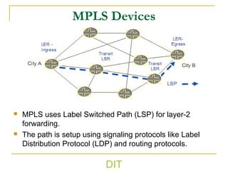 MPLS Devices
 MPLS uses Label Switched Path (LSP) for layer-2
forwarding.
 The path is setup using signaling protocols like Label
Distribution Protocol (LDP) and routing protocols.
DIT
 