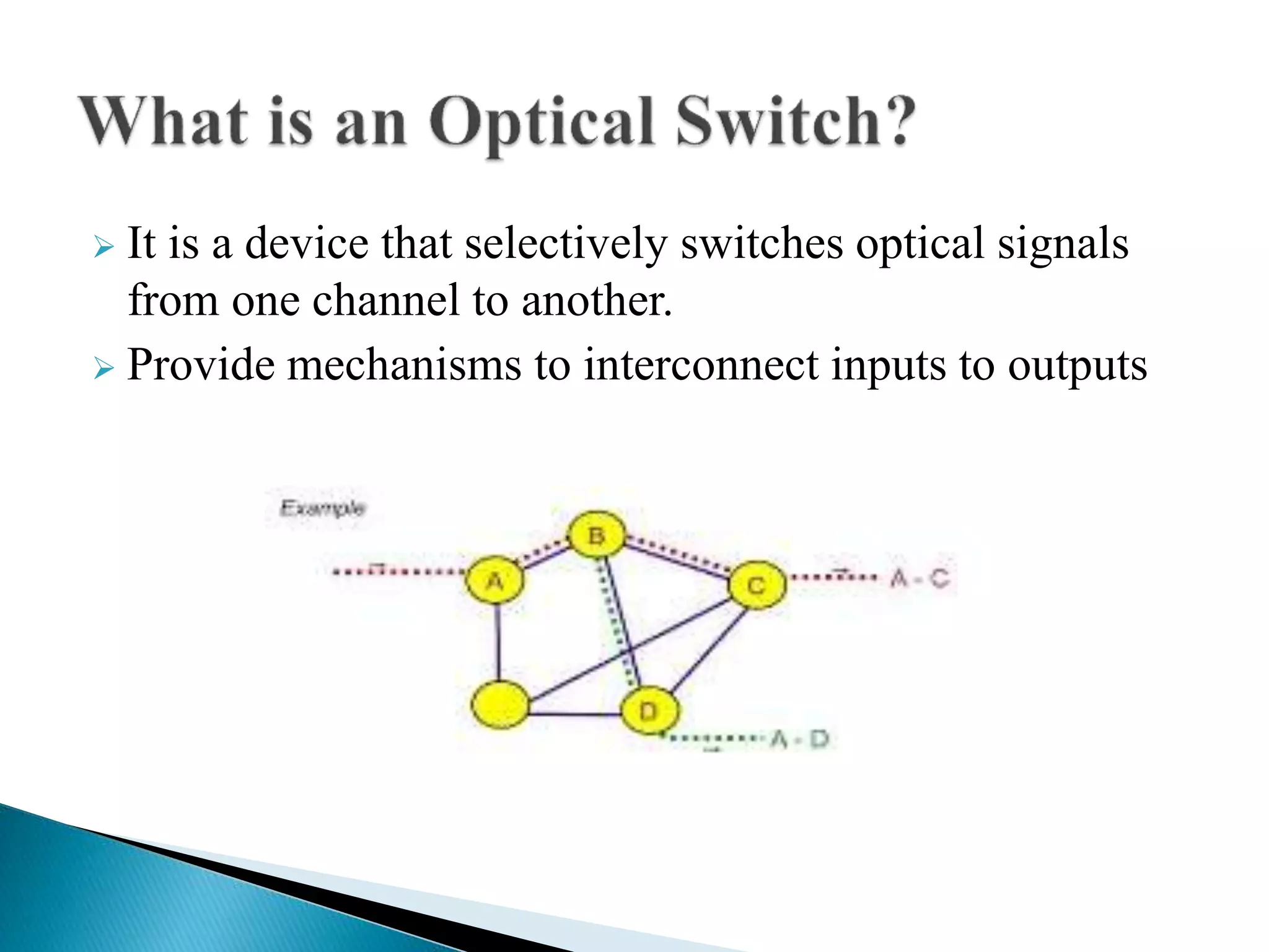 It is a device that selectively switches optical signals
from one channel to another.
 Provide mechanisms to interconnect inputs to outputs
 