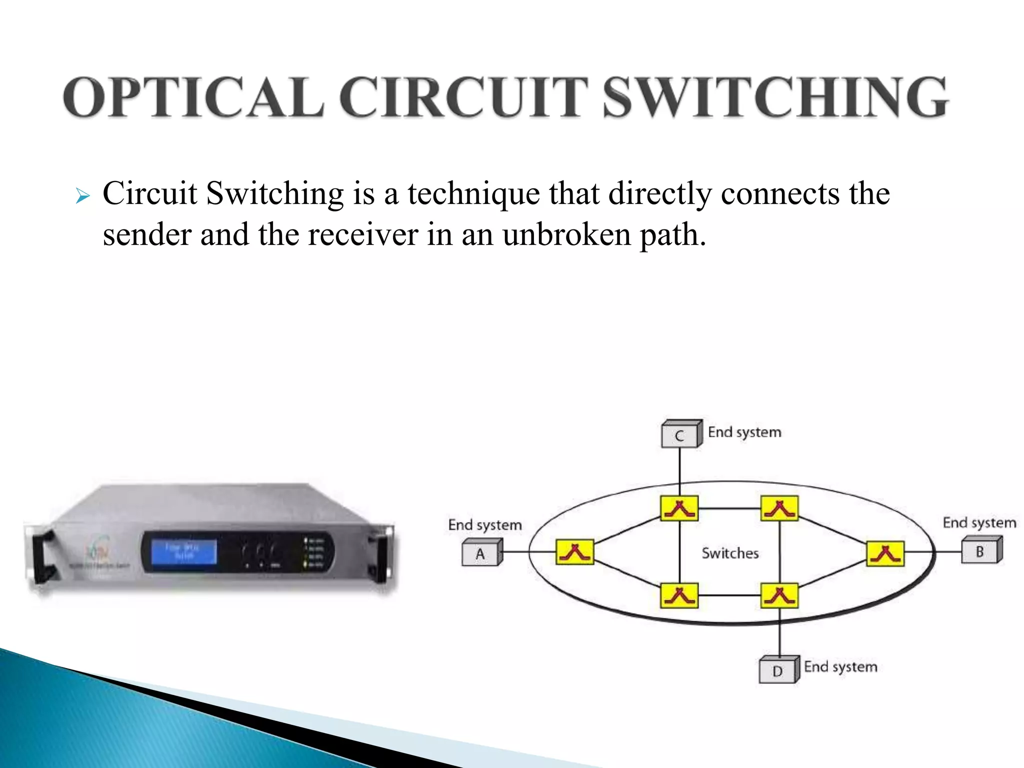  Circuit Switching is a technique that directly connects the
sender and the receiver in an unbroken path.
 