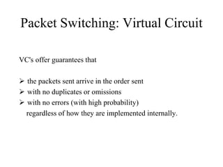 Packet Switching: Virtual Circuit
VC's offer guarantees that
 the packets sent arrive in the order sent
 with no duplicates or omissions
 with no errors (with high probability)
regardless of how they are implemented internally.
 