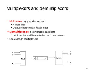 Multiplexors and demultiplexors
• Multiplexor: aggregates sessions
• N input lines
• Output runs N times as fast as input
• Demultiplexor: distributes sessions
• one input line and N outputs that run N times slower
• Can cascade multiplexors
#18
De-Mux
1
2
N
1
2
N
1 2 NMUX
 