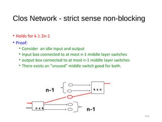 Clos Network - strict sense non-blocking
• Holds for k ≥ 2n-1
• Proof:
• Consider an idle input and output
• Input box connected to at most n-1 middle layer switches
• output box connected to at most n-1 middle layer switches
• There exists an ”unused" middle switch good for both.
#36
n x k
k x n
n-1
n-1
 