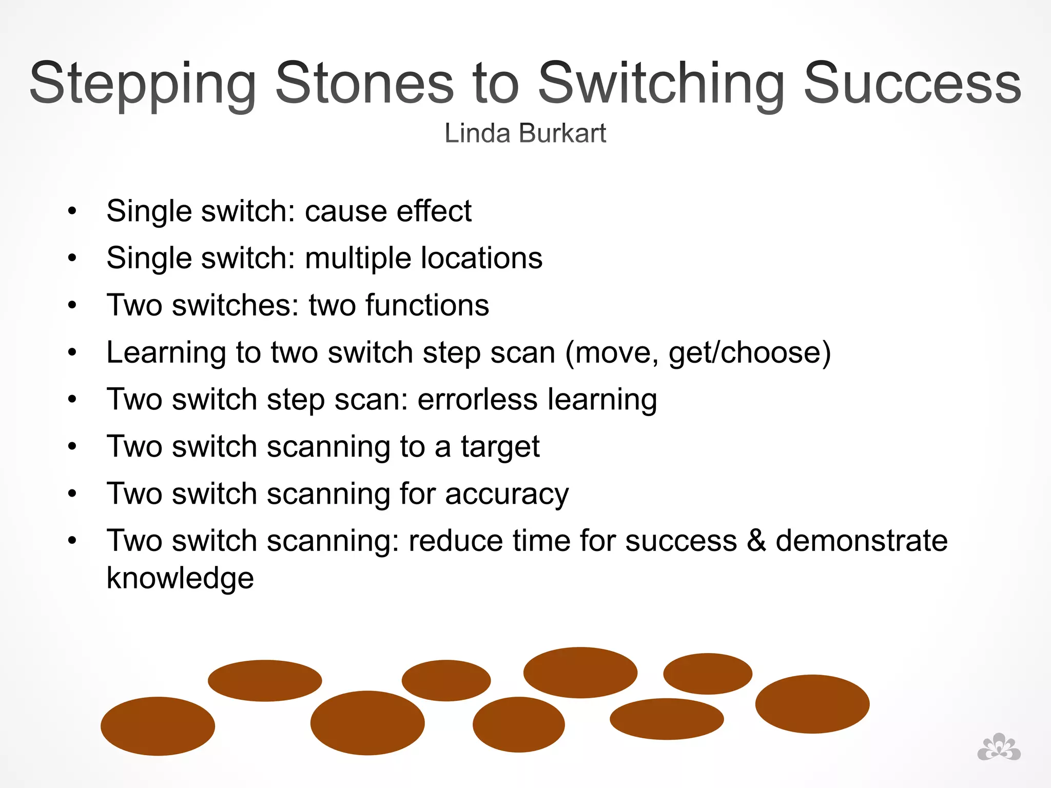 • Single switch: cause effect
• Single switch: multiple locations
• Two switches: two functions
• Learning to two switch step scan (move, get/choose)
• Two switch step scan: errorless learning
• Two switch scanning to a target
• Two switch scanning for accuracy
• Two switch scanning: reduce time for success & demonstrate
knowledge
 
