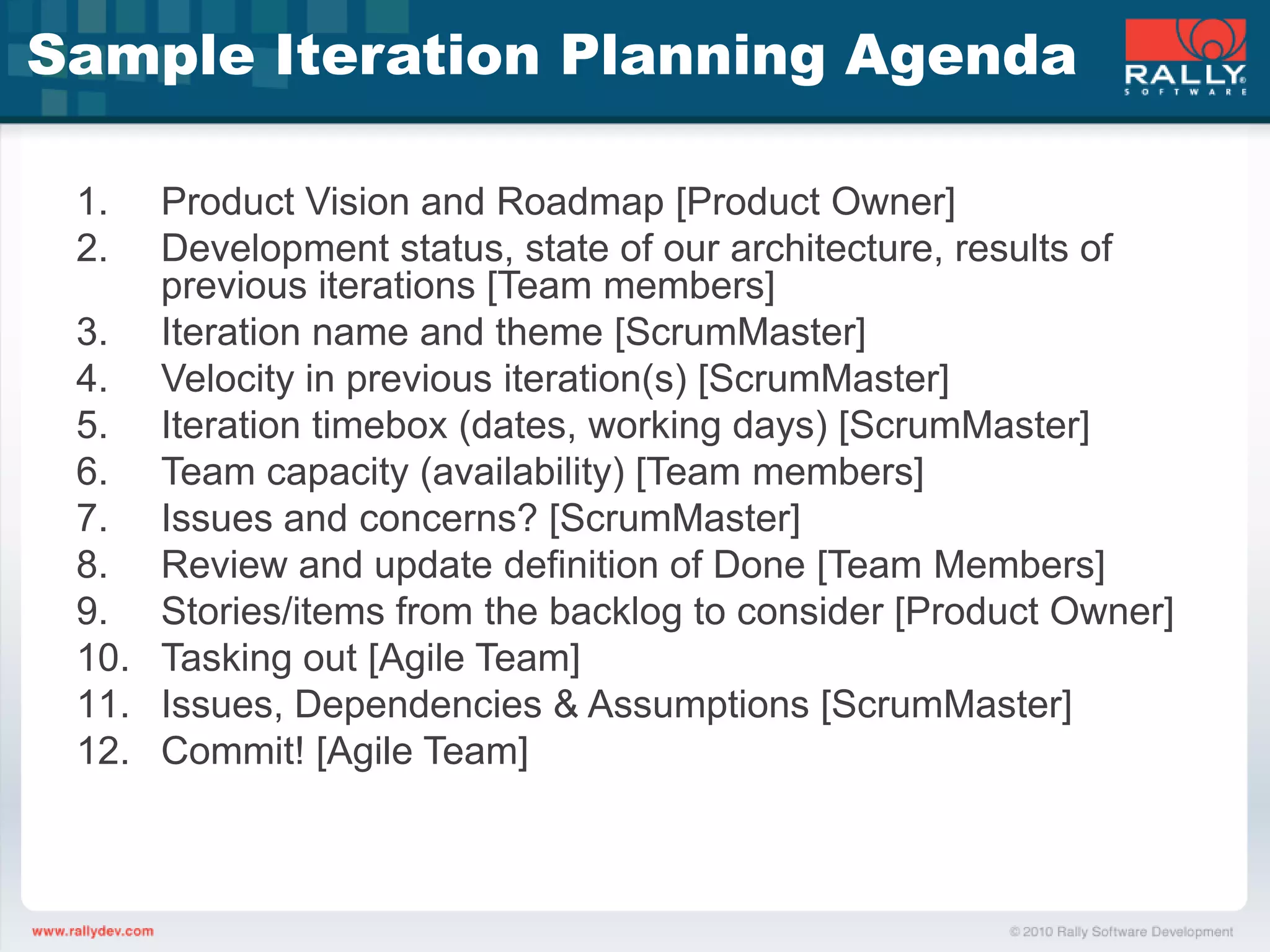 Sample Iteration Planning AgendaProduct Vision and Roadmap [Product Owner]Development status, state of our architecture, results of previous iterations [Team members] Iteration name and theme [ScrumMaster]Velocity in previous iteration(s) [ScrumMaster]Iteration timebox (dates, working days) [ScrumMaster] Team capacity (availability) [Team members]Issues and concerns? [ScrumMaster]Review and update definition of Done [Team Members]Stories/items from the backlog to consider [Product Owner]Tasking out [Agile Team]Issues, Dependencies & Assumptions [ScrumMaster]Commit! [Agile Team]