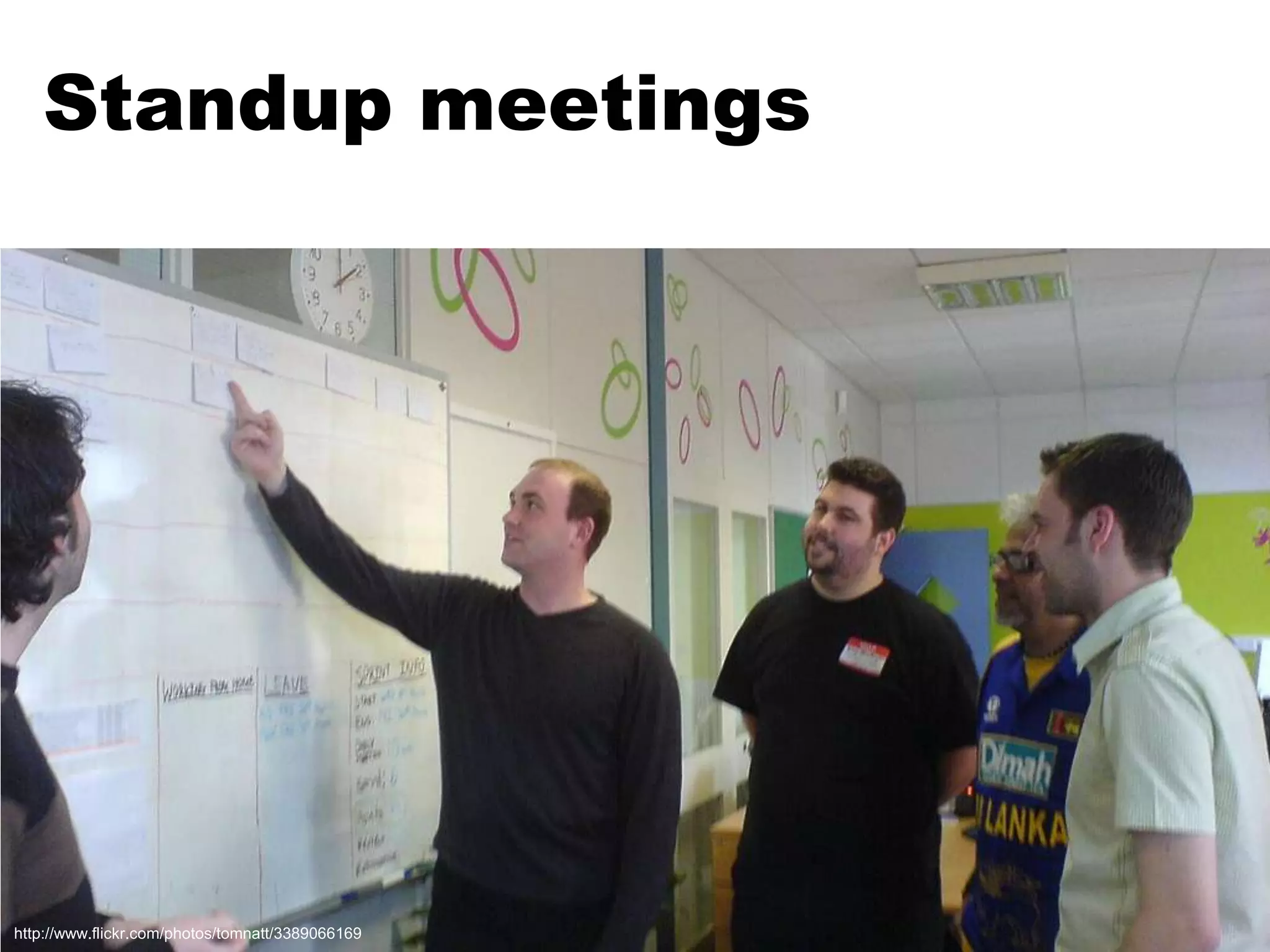 Standup meetingshttp://www.flickr.com/photos/tomnatt/3389066169http://www.flickr.com/photos/jnicho02/2510307005