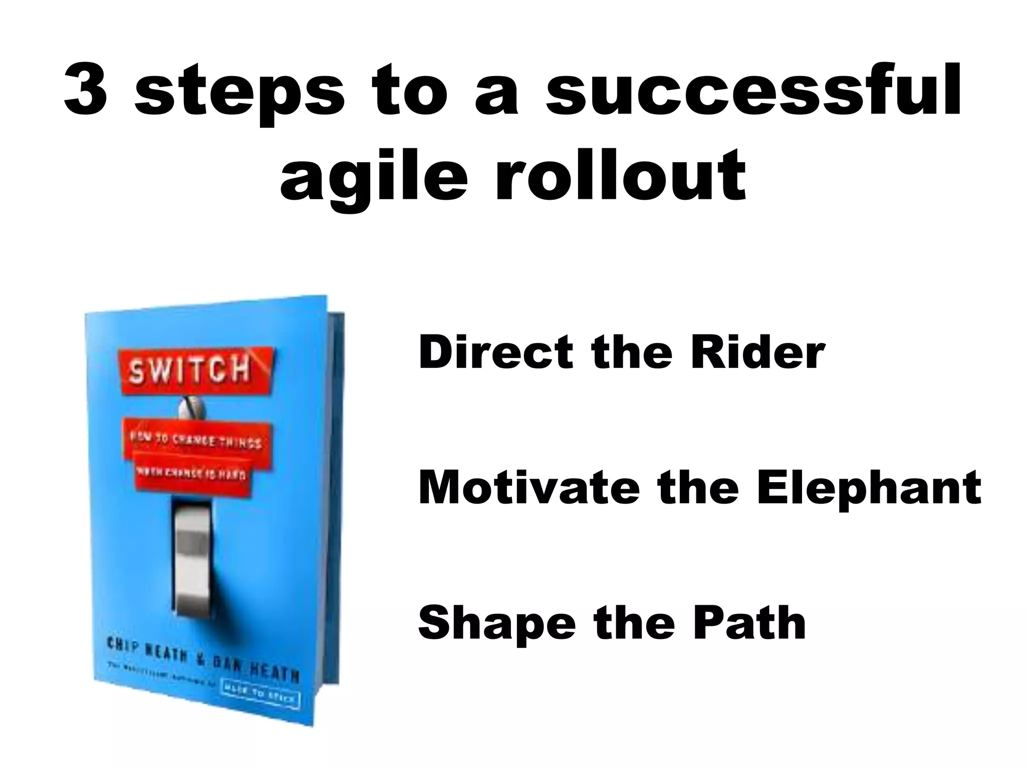 3 steps to a successful agile rolloutDirect the RiderMotivate the ElephantShape the Path