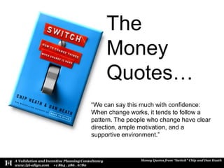 The Money Quotes… “We can say this much with confidence: When change works, it tends to follow a pattern. The people who change have clear direction, ample motivation, and a supportive environment.” 