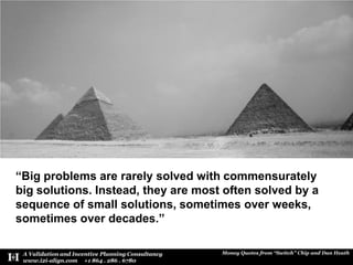 “Big problems are rarely solved with commensurately big solutions. Instead, they are most often solved by a sequence of small solutions, sometimes over weeks, sometimes over decades.”
