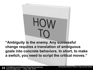 “Ambiguity is the enemy. Any successful change requires a translation of ambiguous goals into concrete behaviors. In short, to make a switch, you need to script the critical moves.”