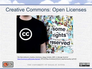Creative Commons: Open Licenses
File:Tyler.stefanich_Creative_Commons_Swag_Contest_2007_2_(by).jpg found at
http://commons.wikimedia.org/wiki / BY-SA (http://creativecommons.org/licenses/by-sa/3.0/)
 